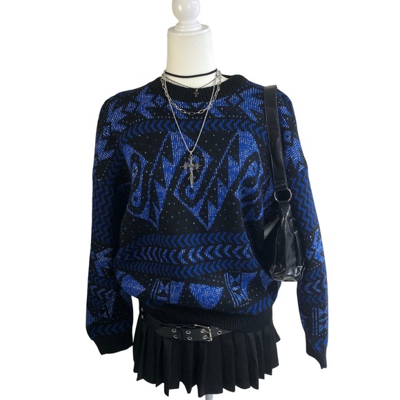 Glamour Knit Sweaters - Vintage 80s Metallic Blue Black Abstract Geometric Sweater Womens L XL Oversized